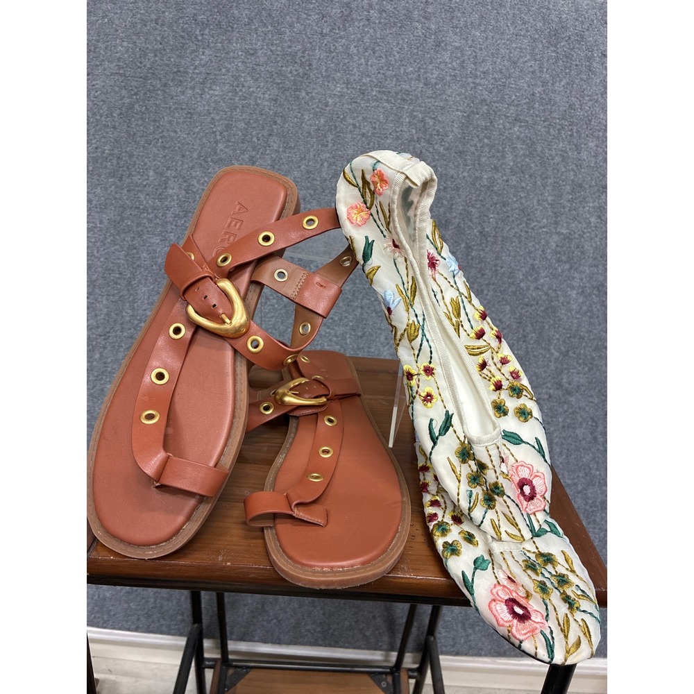 Lot of 2 Aerosoles Brown Grommet Sandals 9.5 & Zara Floral Embroid Mesh Flats 40